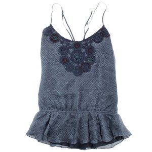 Free People Women's Sheer Silk Boho Crochet Applique Crisscross Ruffled Tank Top